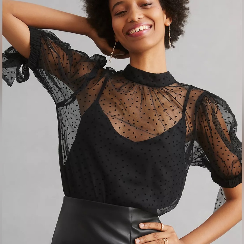 Anthropologie Black Sheer Tulle Polka Swiss Dot Blouse - M